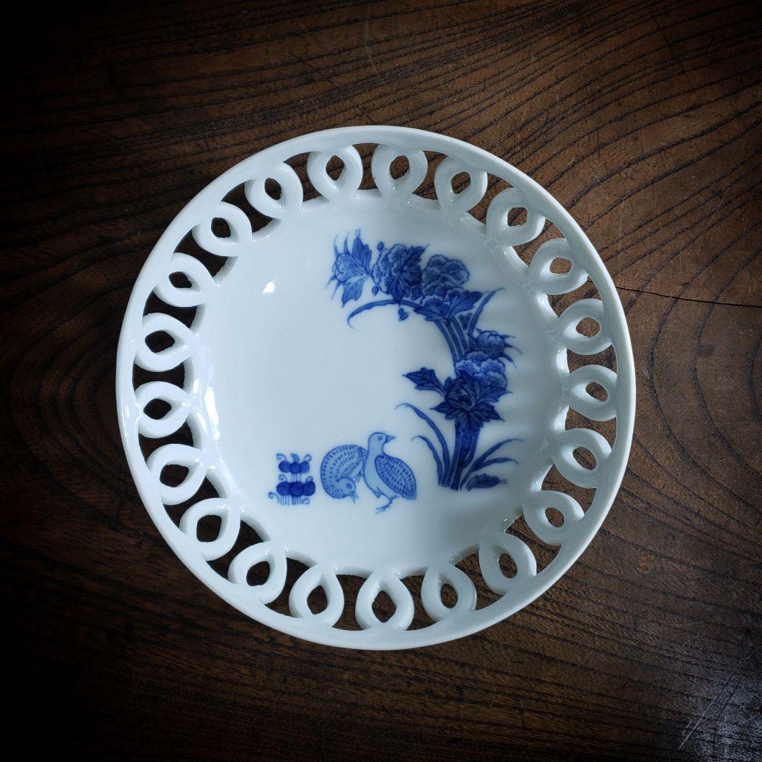皿　菓子器　透かし　染付　鶉　輪繋鉢　藍柿右衛門　古伊万里
