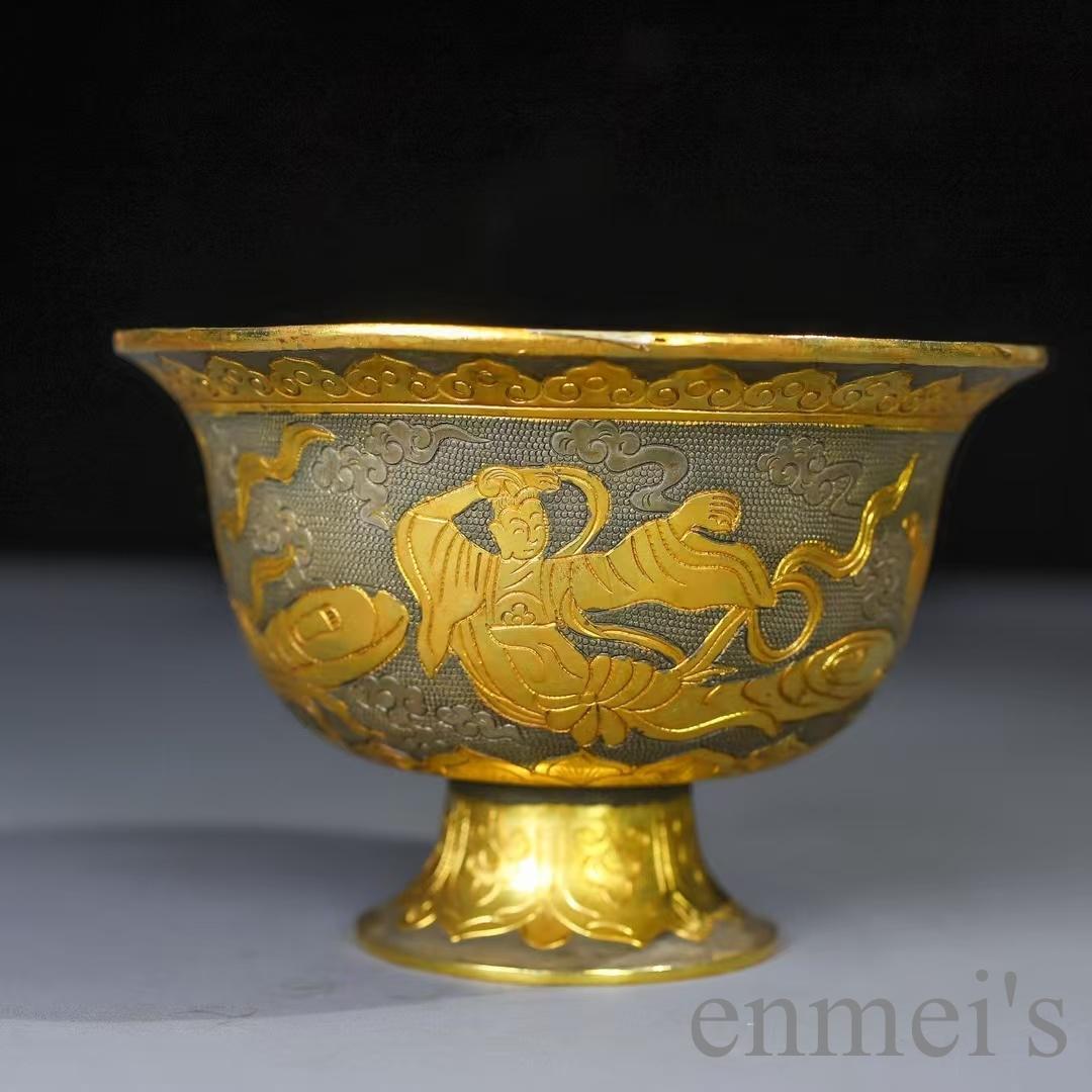 中国古美術 鍍金銅碗 鏨刻手工 酒器 茶器 細密細工 置物 古賞物 古擺件 唐物