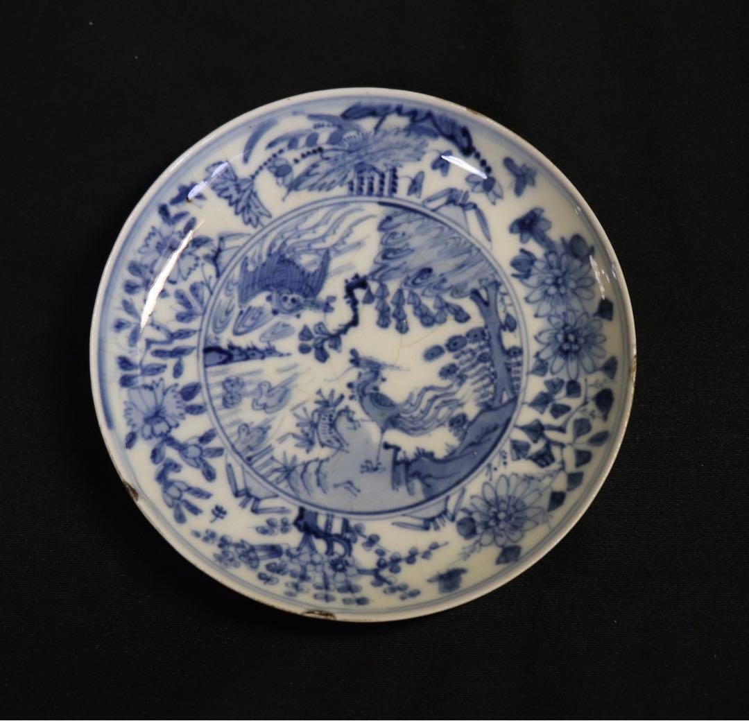 中国　明時代　染付鳳紋小皿　古染　送料込み0722