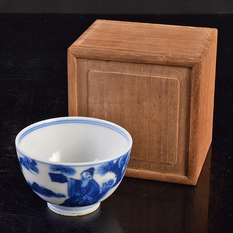 中国　青花　漢詩山水人物文　煎茶碗　時代箱付　V　R9489