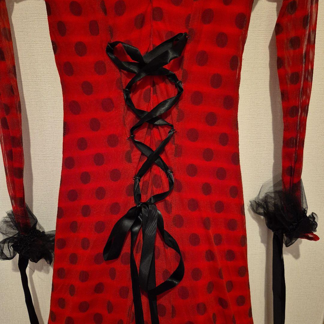 社交ダンス　スタンダードドレス　赤と黒の水玉模様ドレス　S～M