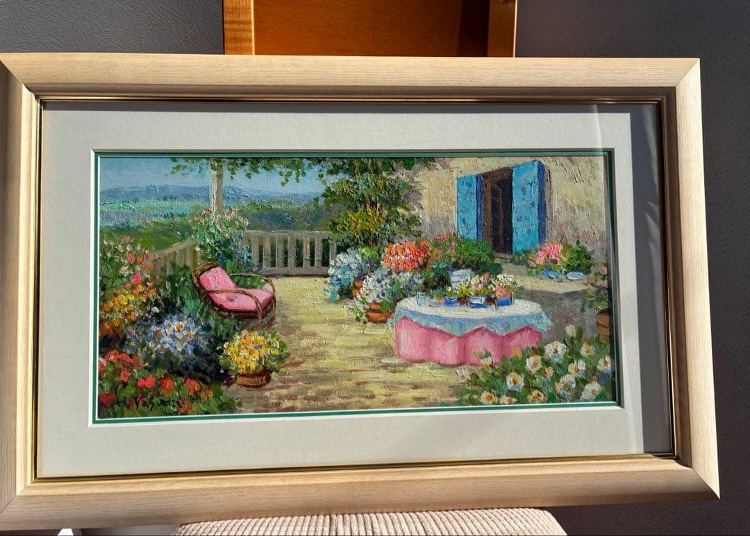 安田英明 油彩画「花咲くテラス」額縁付き