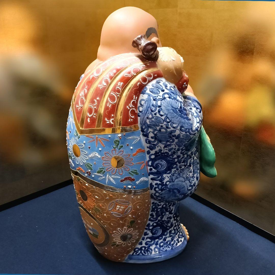 AO18 九谷焼 八幡窯 布袋 色絵 金彩 染付 七福神 縁起物 高さ58cm