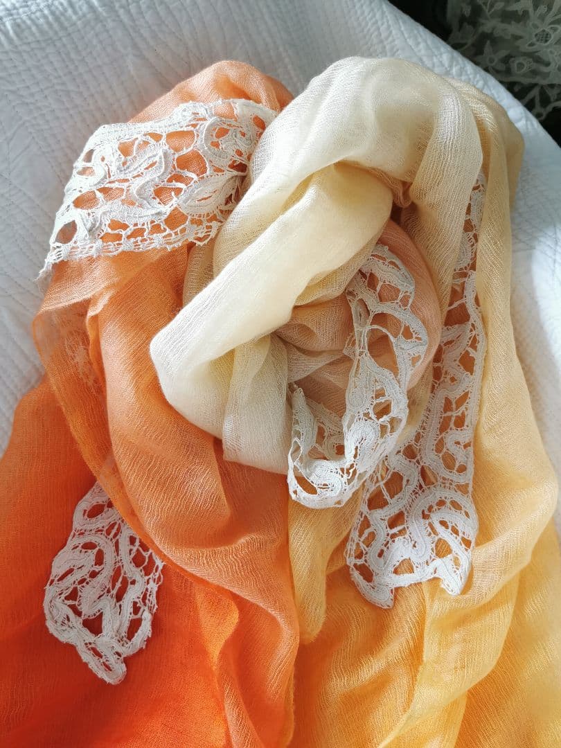 アンティーク ボビン編みリネンレース 艶と光沢のあるショール アイボリーエクリュ