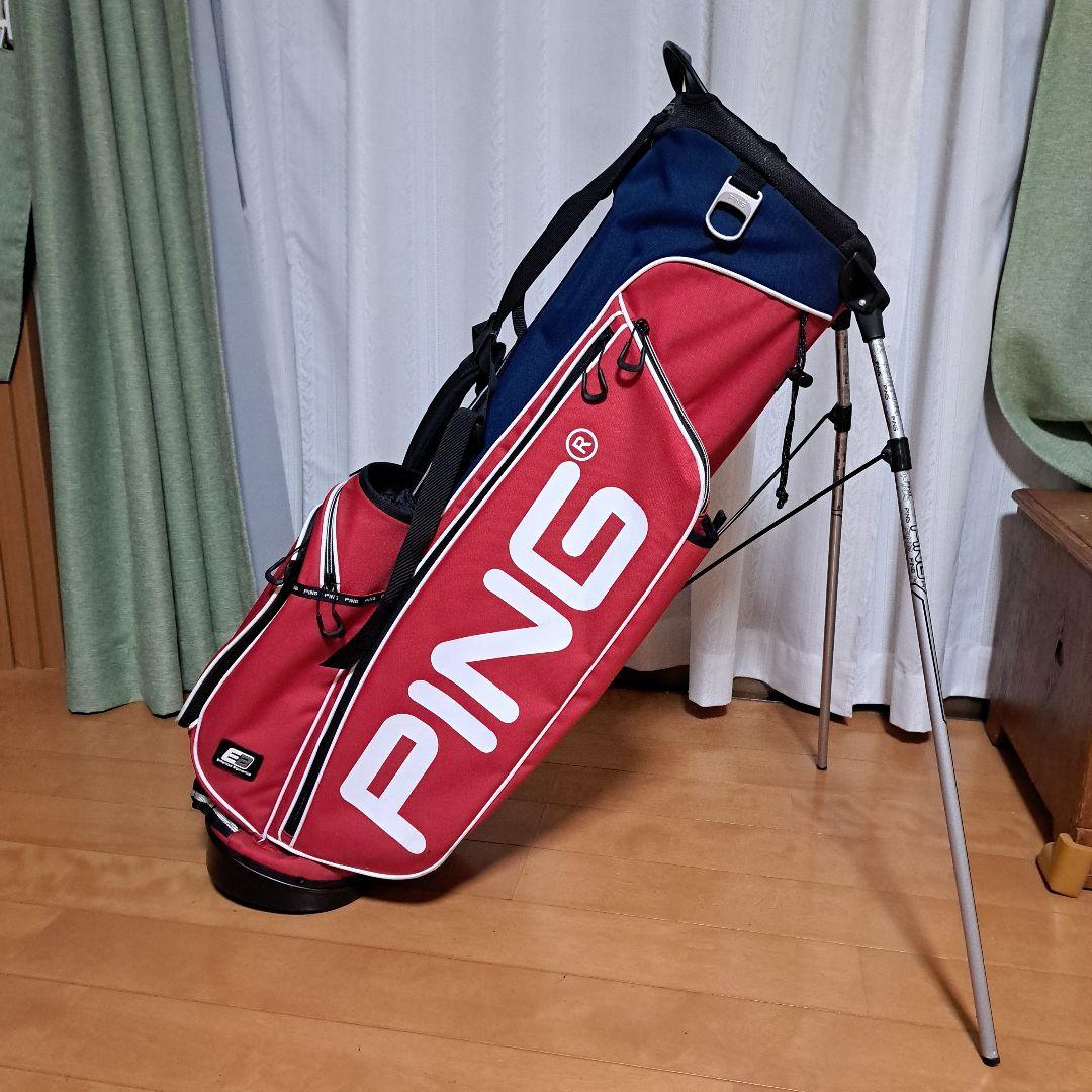 ピンスタンド式キャディバッグ-希少フード内蔵型、美品！レンチはオマケ。
