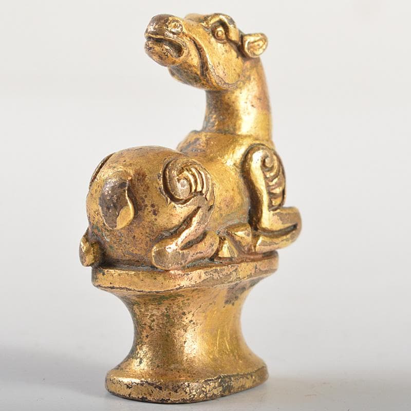 中国　古銅鍍金　馬像　紙鎮　置物　V　R7506