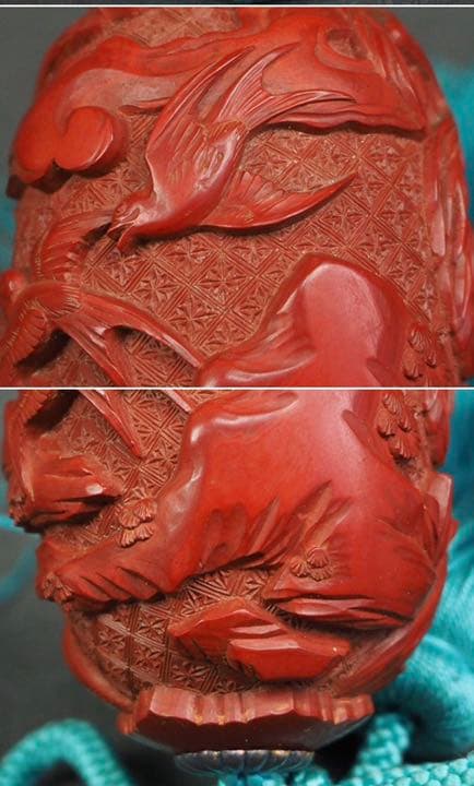 送料無料　江戸～明治 春燕秋雁堆朱風鎮一対 箱付 大珍品