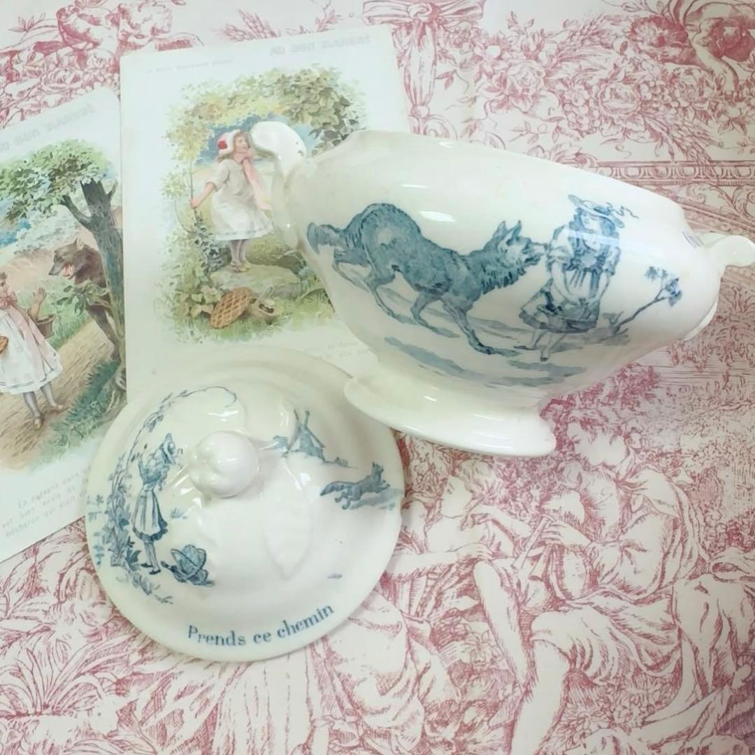 セール　フランスアンティーク　おままごと食器　赤ずきん　青　スーピエール