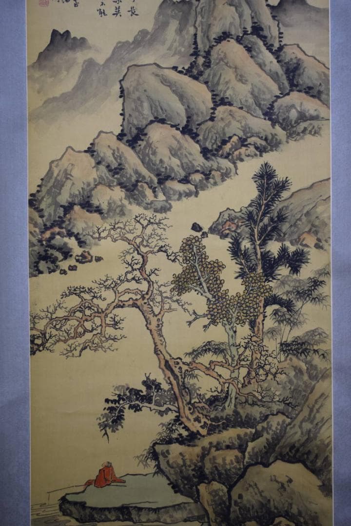 真作/鶴潤/秋江幽釣図/山水釣人物図/布袋屋掛軸HE-112