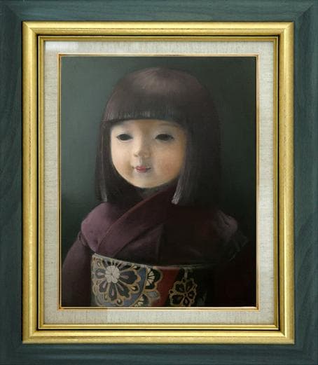 ❤️新作 油絵菅家令子絵画インテリア額(青緑＋金色枠)F6-010426市松人形