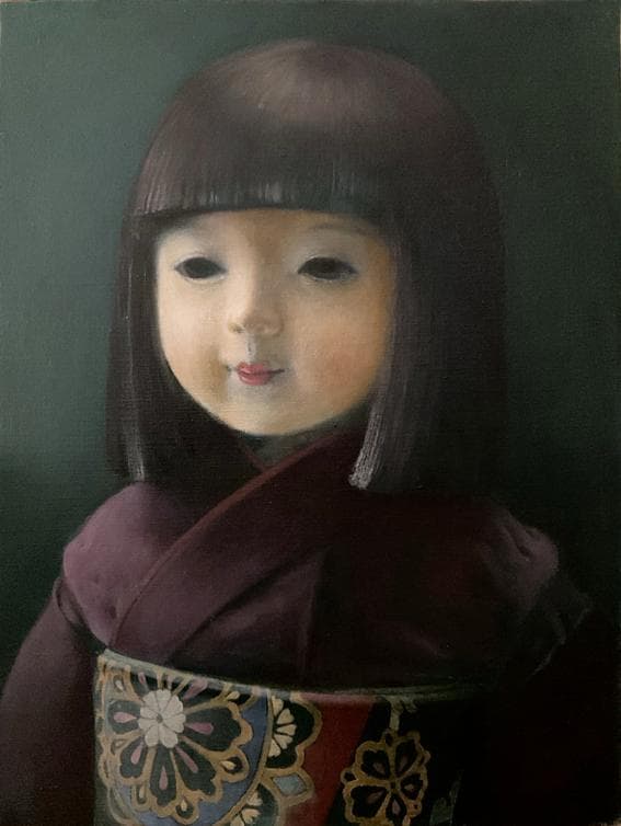 ❤️新作 油絵菅家令子絵画インテリア額(青緑＋金色枠)F6-010426市松人形