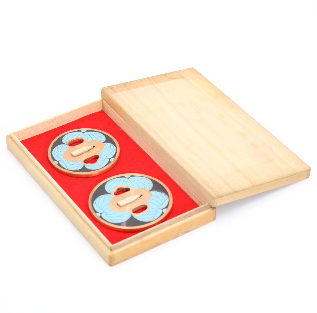 銅製七宝三つ葉葵文鐔 刀装具 一對 桐箱付　V356　1F28