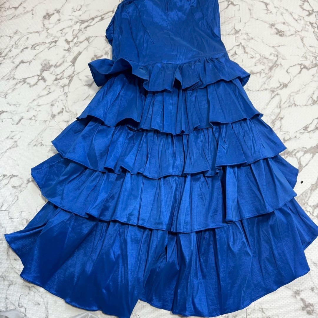 美品 S ロングドレス 青 ビジュー フリル パーティー