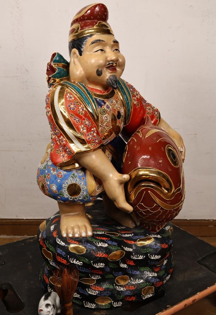 九谷焼　峰光 銘　色絵金彩　恵比寿像　七福神　置物　高さ約62cm　BK125