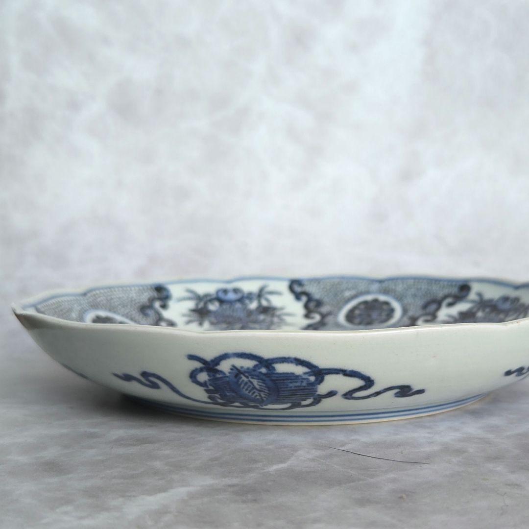 古伊万里　型紙摺　七寸皿　江戸時代　染付　寿　金直し　金継ぎ　アンティーク