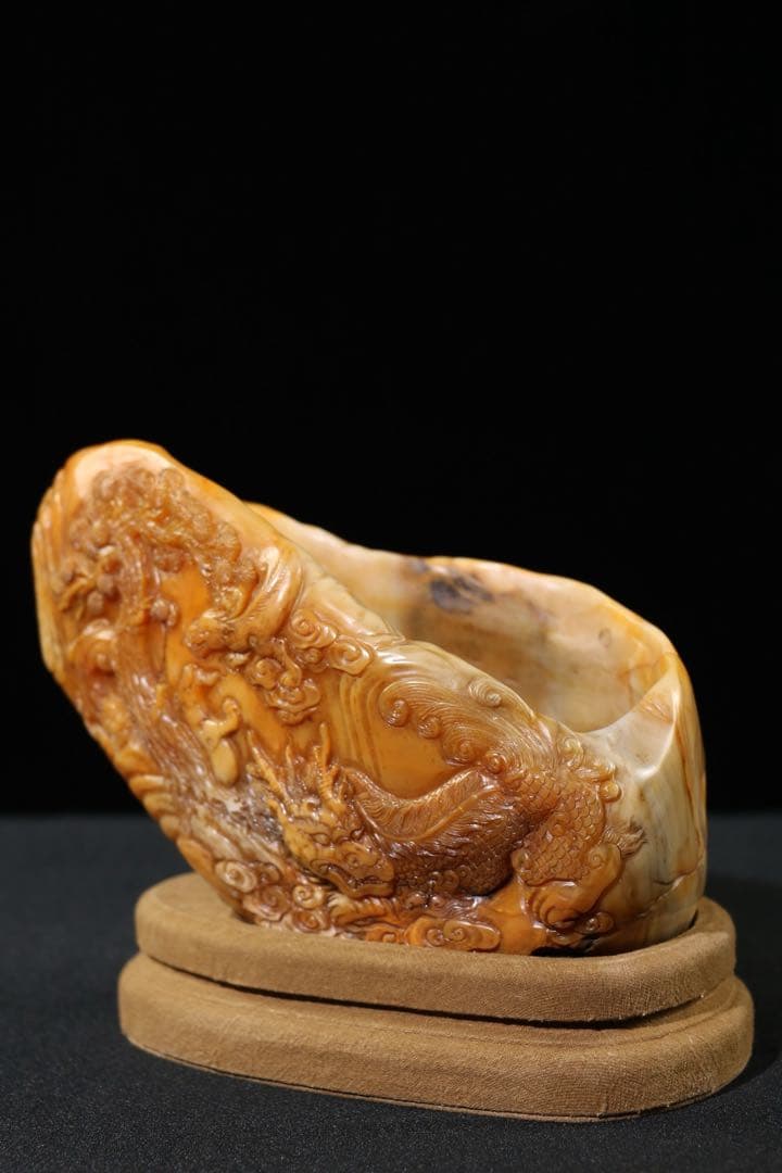 旧蔵　時代物　逸品　文房具筆洗　田黄石　山中龍 螭龍　清国時代彫刻　骨董品レア