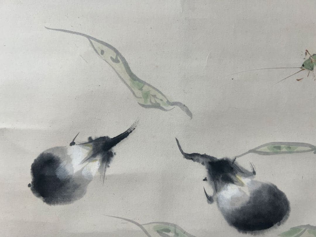 掛け軸　横物［茄子枝豆にコオロギ図］肉筆 木箱無し！