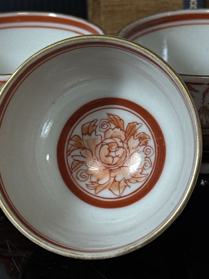 江戸期 湖東焼 赤絵金蘭手 窓絵人物図 煎茶碗 5客茶道具 井伊家 彦根藩