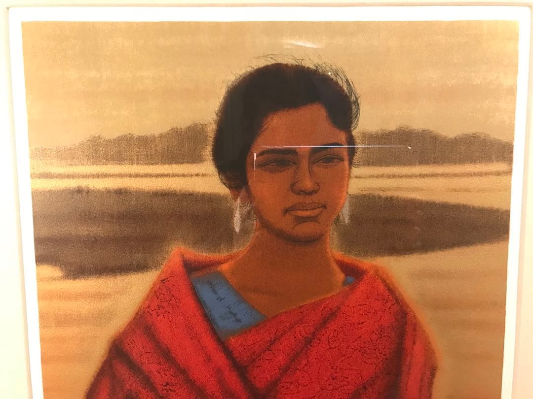 平山郁夫　「紅衣の女性」　シルクスクリーン　直筆サイン・作品証明シール有り