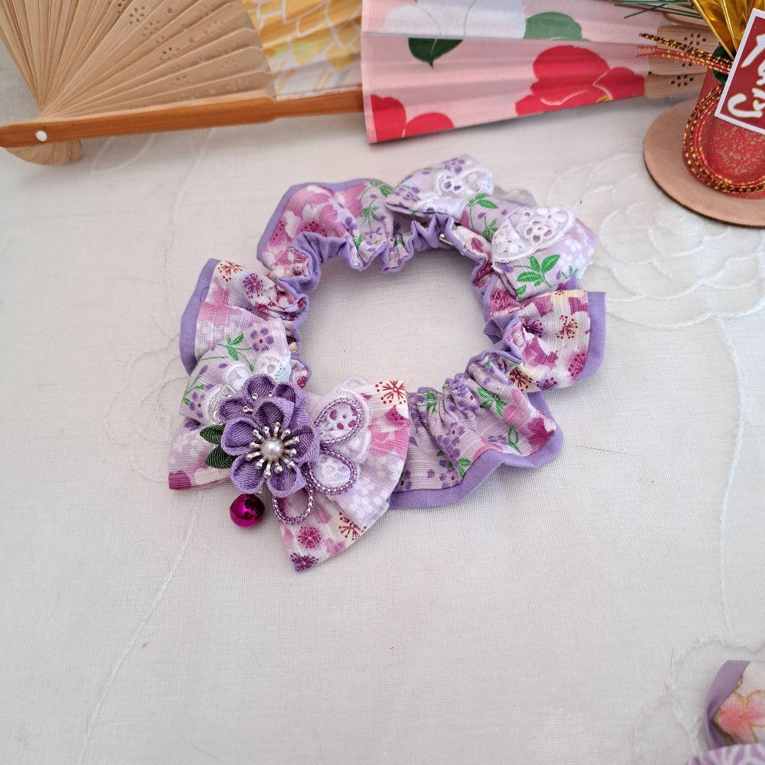 短毛シュシュ、和風妻み細工(藤色)わんちゃん猫ちゃん用