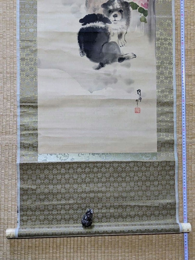 ♦犬と椿図 絹本水墨画 墨彩画 掛け軸？円山派 明治時代 鹿角古美術骨董品