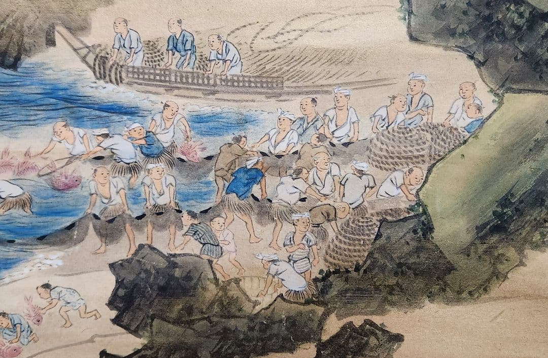 【鯛大漁図】塩川文麟 987 タイ網漁　掛け軸　肉筆