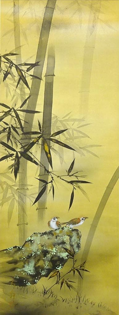 【真作】掛軸 三浦大幹『竹に雀図』絹本 肉筆 共箱付 掛け軸 w053019