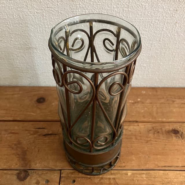 アンティーク ガラス フラワーベース アイアンフレーム 吹きガラス 気泡 花瓶