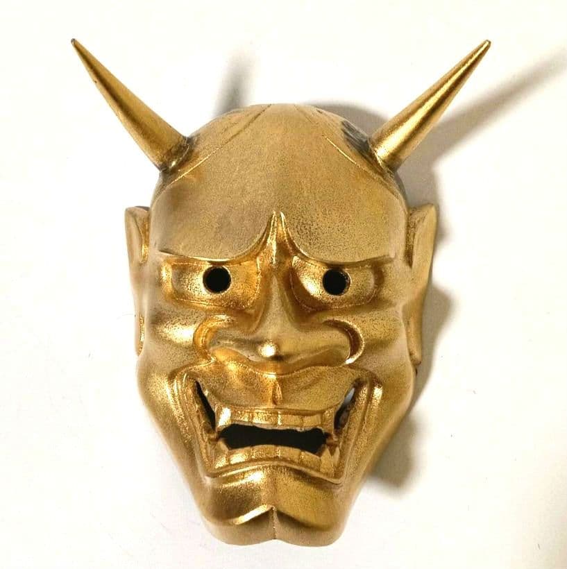 希少 黄金 般若面 金属製 ゴールド 銘有り 780g 壁掛け オブジェ