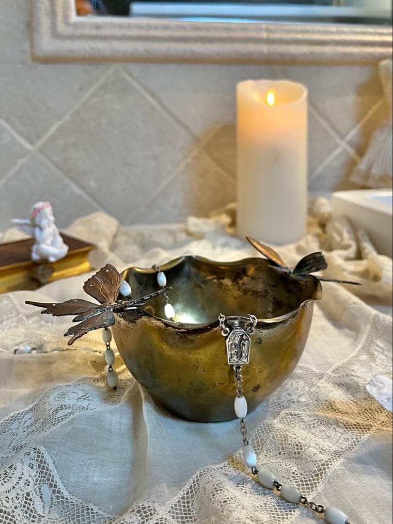 ◆フランスアンティーク｜希少な蝶の小物入れブロンズ深めボウル型彫刻シルバートレイ