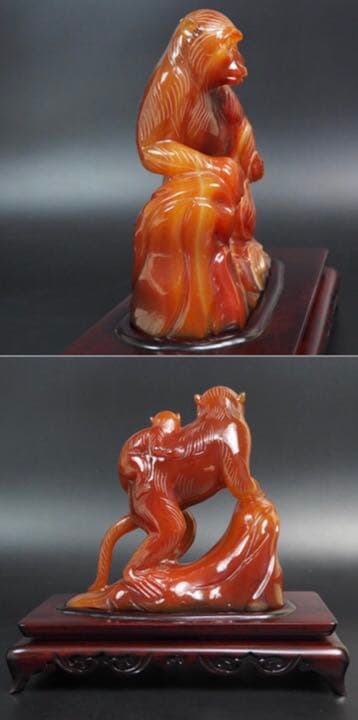 送料無料　名工土橋正市作　極上瑪瑙彫刻猿置物 共箱・作歴・証明書