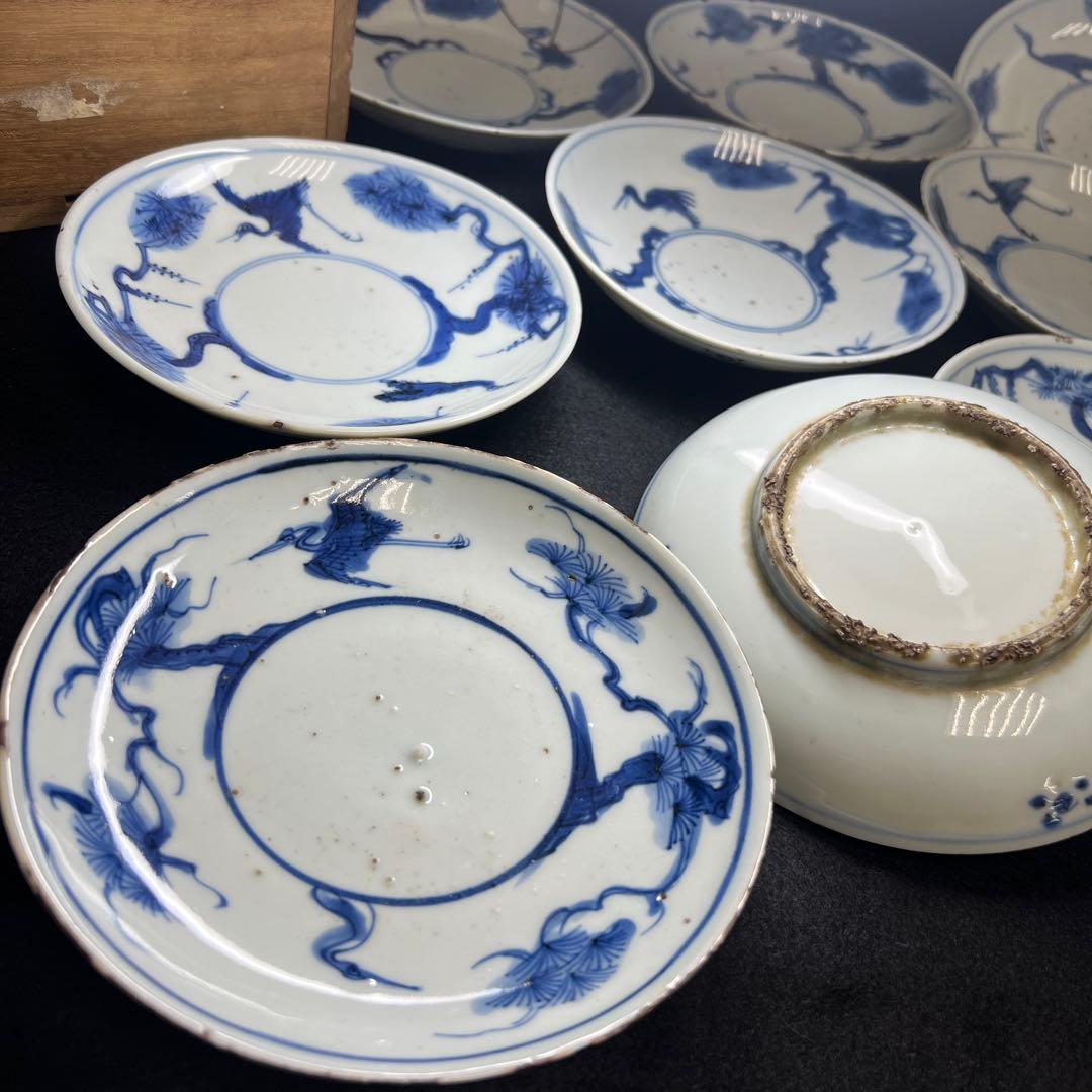 中国明時代　古染付中皿9枚　木箱付　直径約15.5㎝東Y8-0114☆2Fトウル