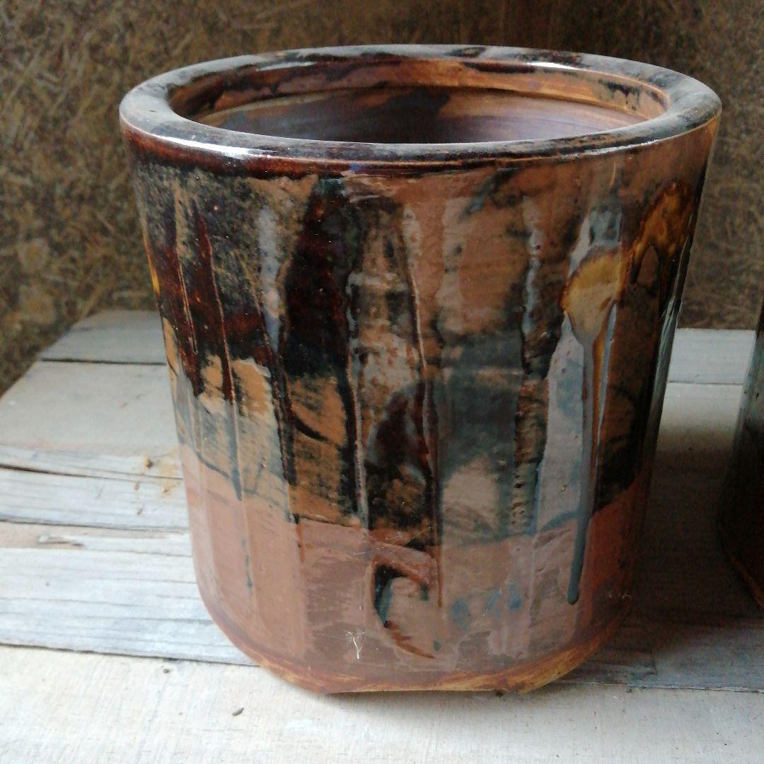 瀬戸焼　加藤作助　古瀬戸釉火鉢一対　21cm　大正～昭和中期