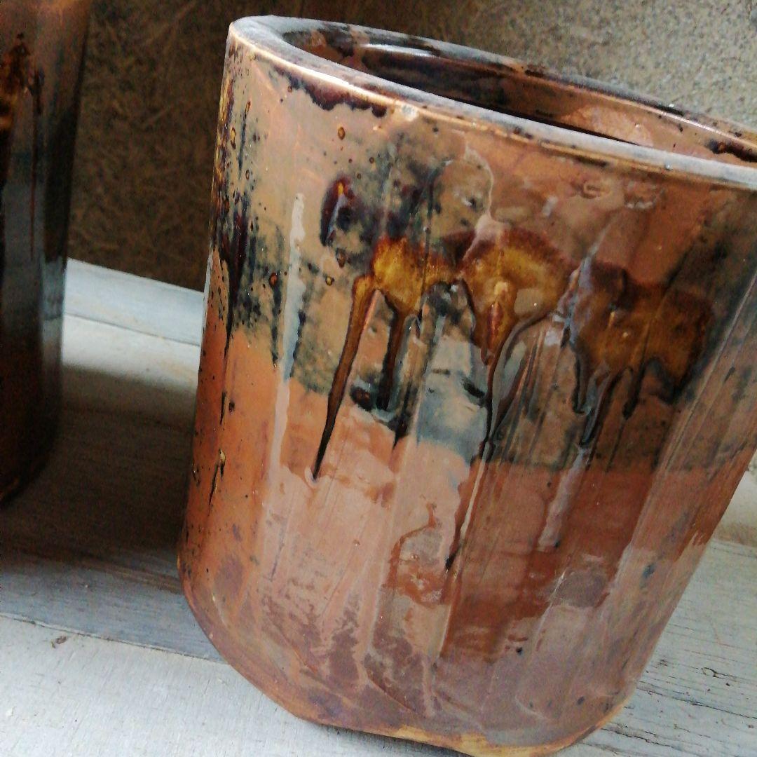 瀬戸焼　加藤作助　古瀬戸釉火鉢一対　21cm　大正～昭和中期