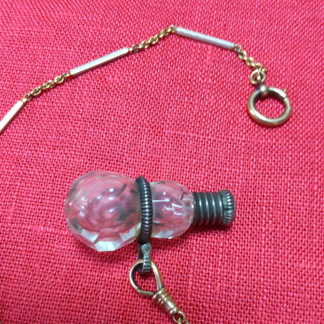 江戸時代ギヤマン切子瓢箪型銀製金具根付け/K18チェーン。