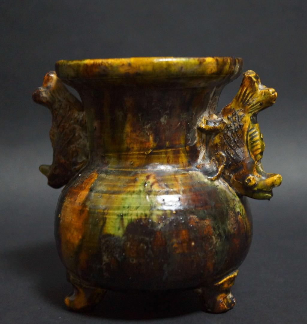 清 古交趾香炉 魚耳双耳 三つ足 箱付 茶事/茶道具★時代物★