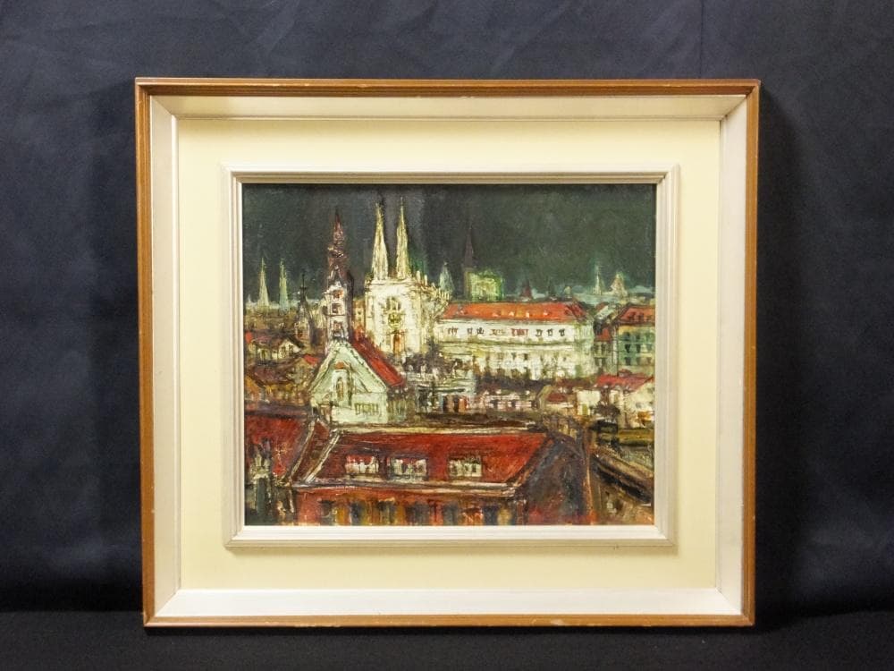 三觜正之　直筆サイン『街 ザグレブ市（ユーゴ）』油彩 8号 0313G