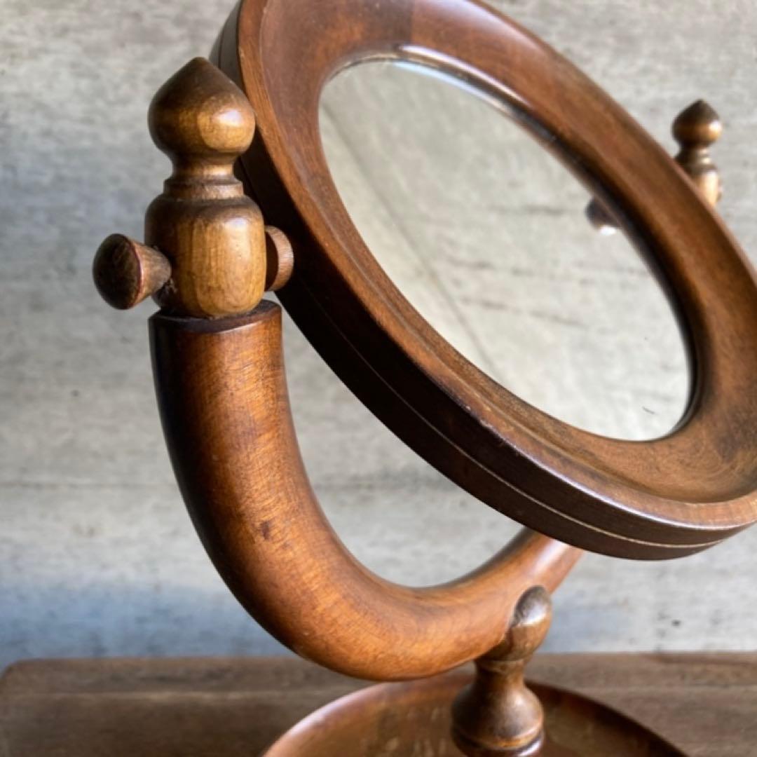 古い味のある卓上鏡 鏡台 ミラー 木製 回転式 丸型 民藝 レトロ ヴィンテージ