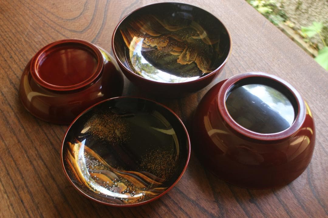 極小傷あり！時代紅溜塗に極上研ぎ出し波濤蒔絵の映えるお椀2点（検加賀蒔絵雑煮椀