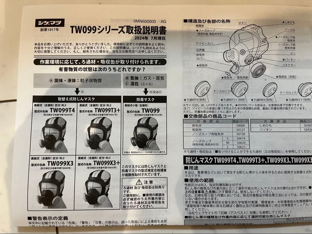 シゲマツ☆全面体☆新品未使用☆TW099☆2種類フィルター合計4個付☆重松
