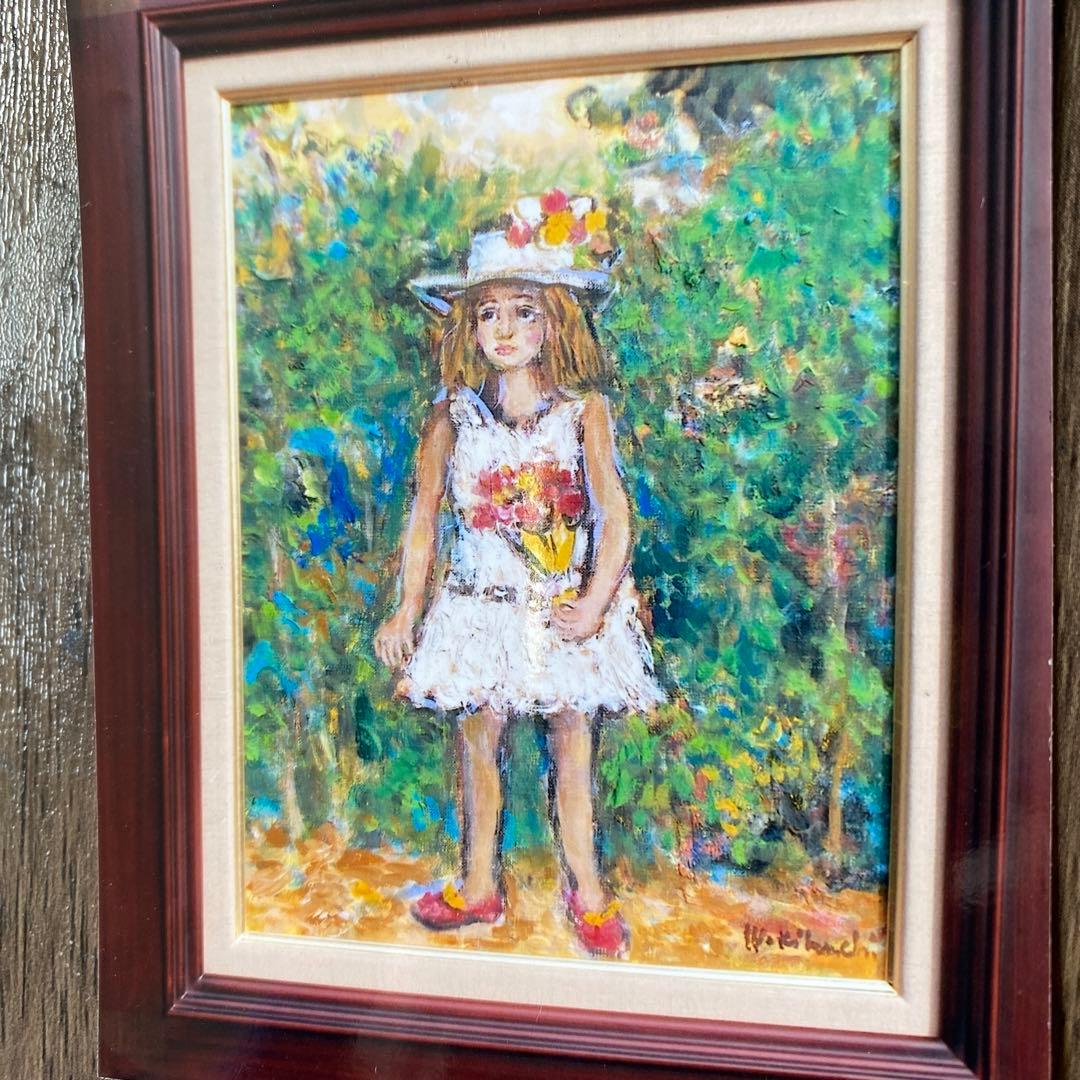 絵画　油彩画　油絵　「ブーケを持つ少女」F6号　菊地正則　額付き　美品　送料無料