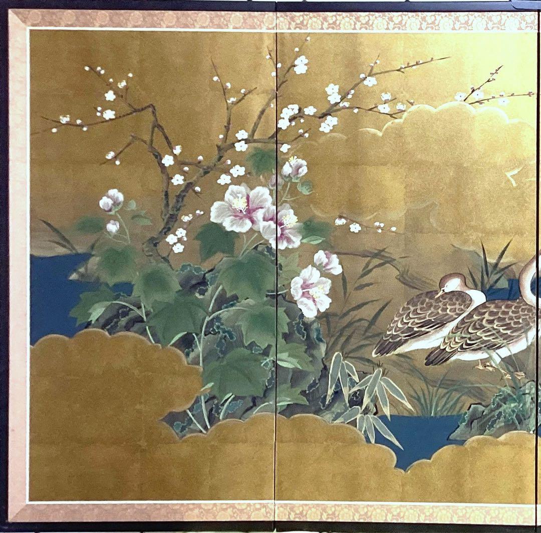 四つ折り屏風　日本画　金箔彩色　『鴨に梅・芙蓉』