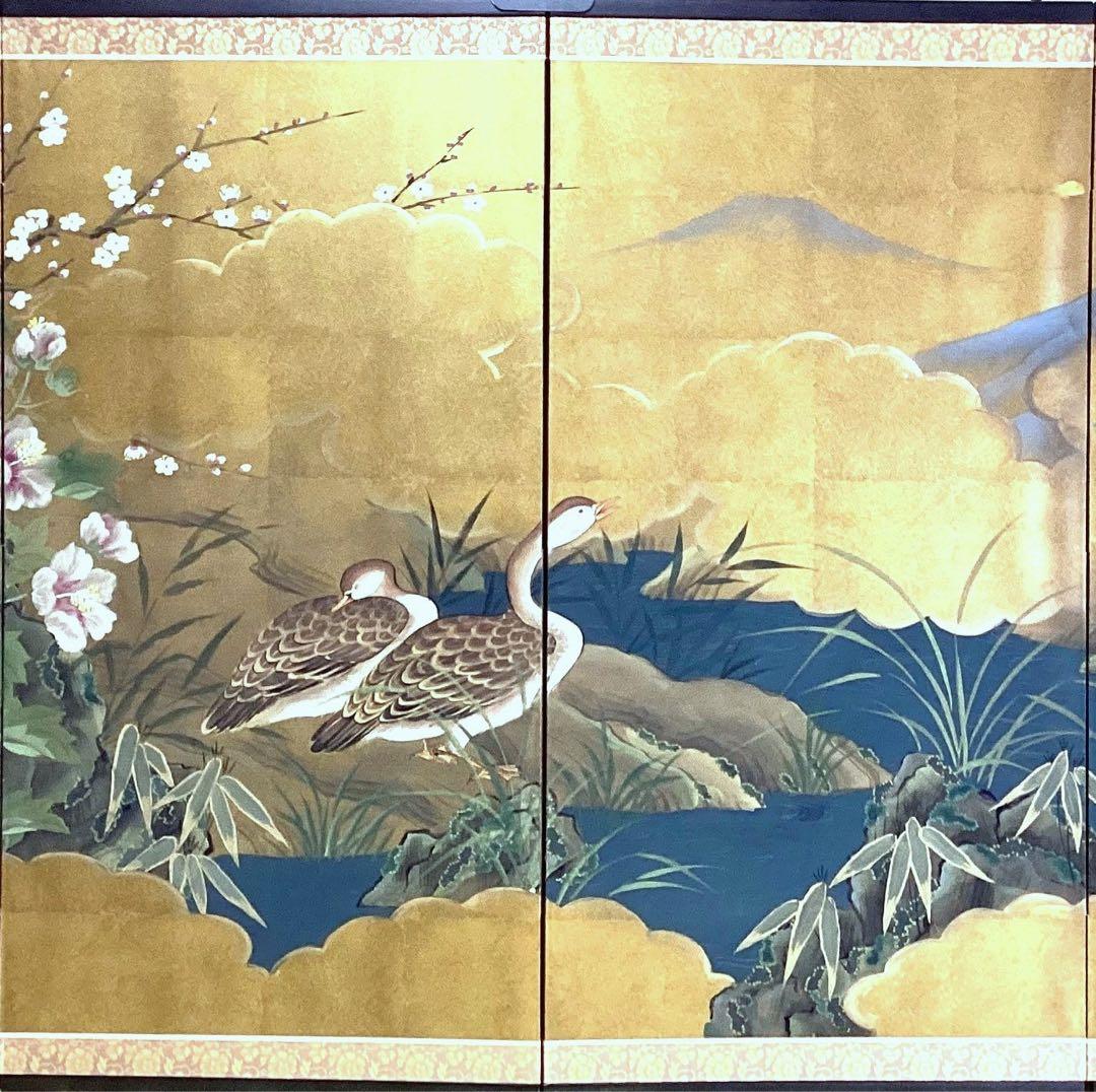 四つ折り屏風　日本画　金箔彩色　『鴨に梅・芙蓉』