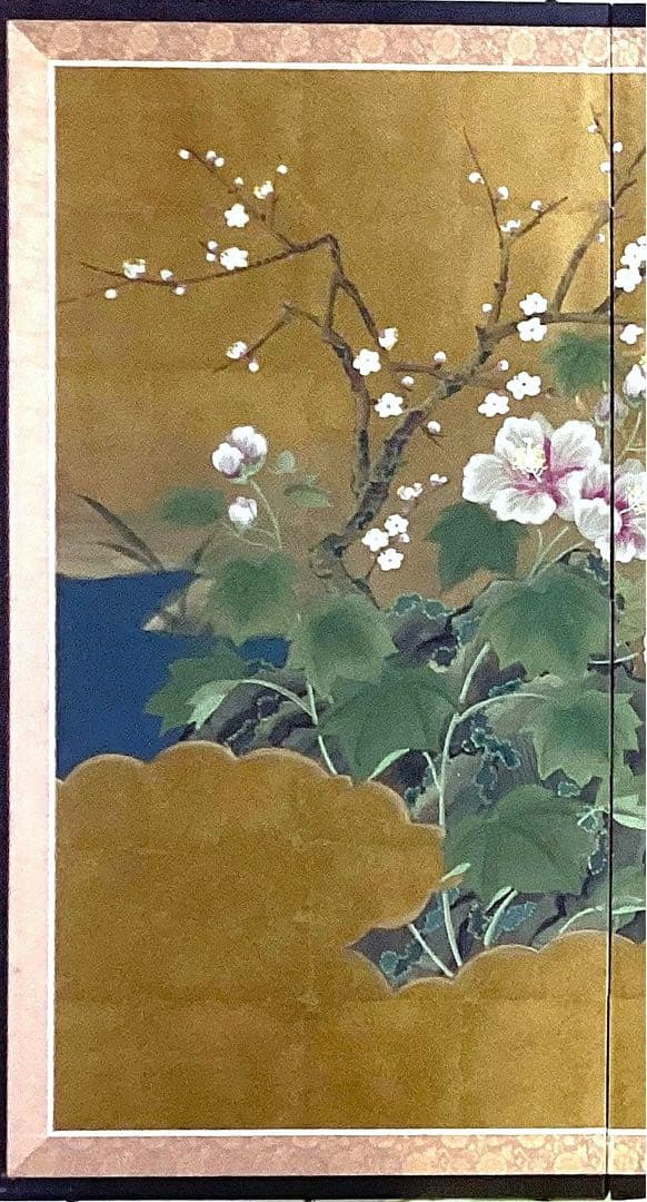 四つ折り屏風　日本画　金箔彩色　『鴨に梅・芙蓉』