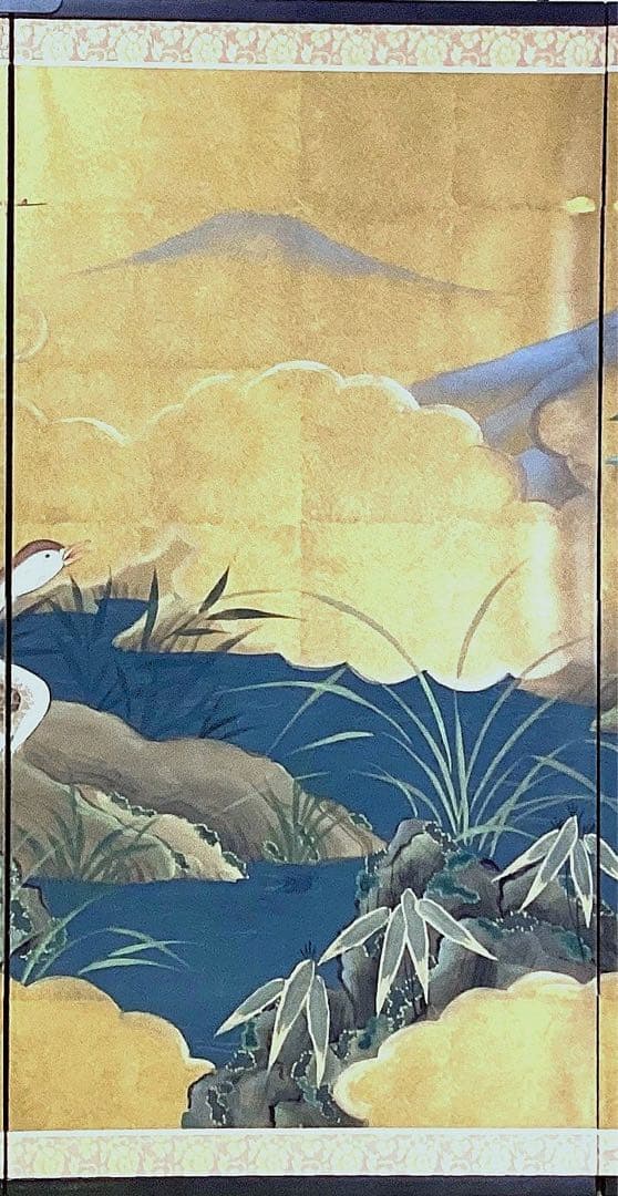 四つ折り屏風　日本画　金箔彩色　『鴨に梅・芙蓉』