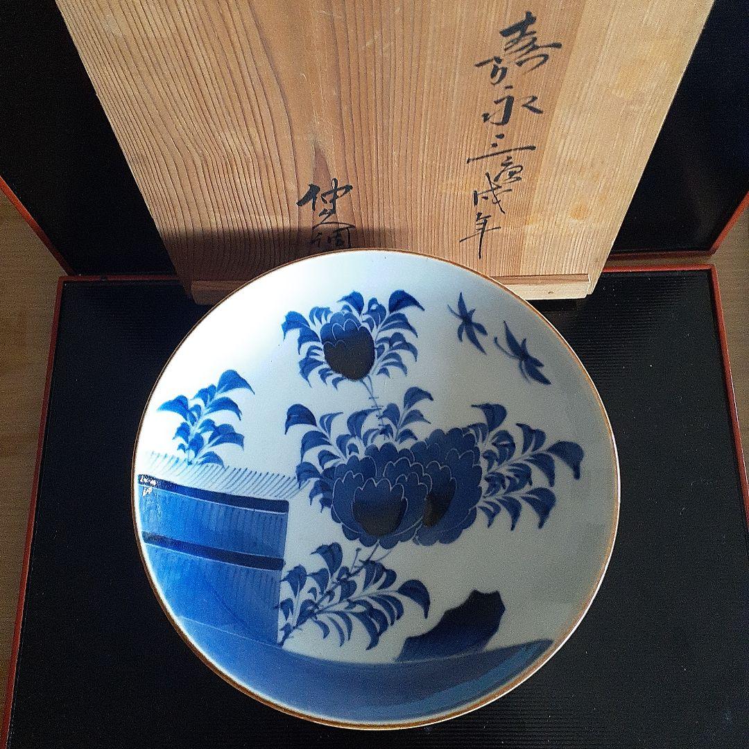 古伊万里染付け牡丹垣根文様中皿