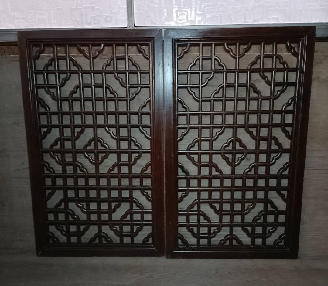 アンティーク 木製 格子 建具 2枚セット 幾何学模様 透かし彫り 時代家具