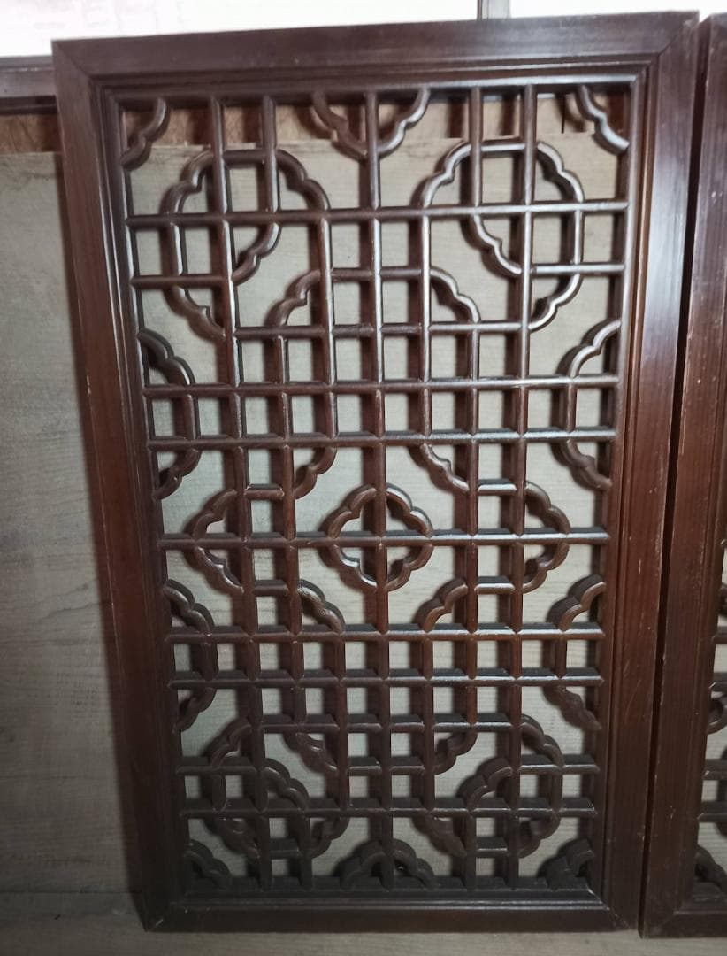 アンティーク 木製 格子 建具 2枚セット 幾何学模様 透かし彫り 時代家具