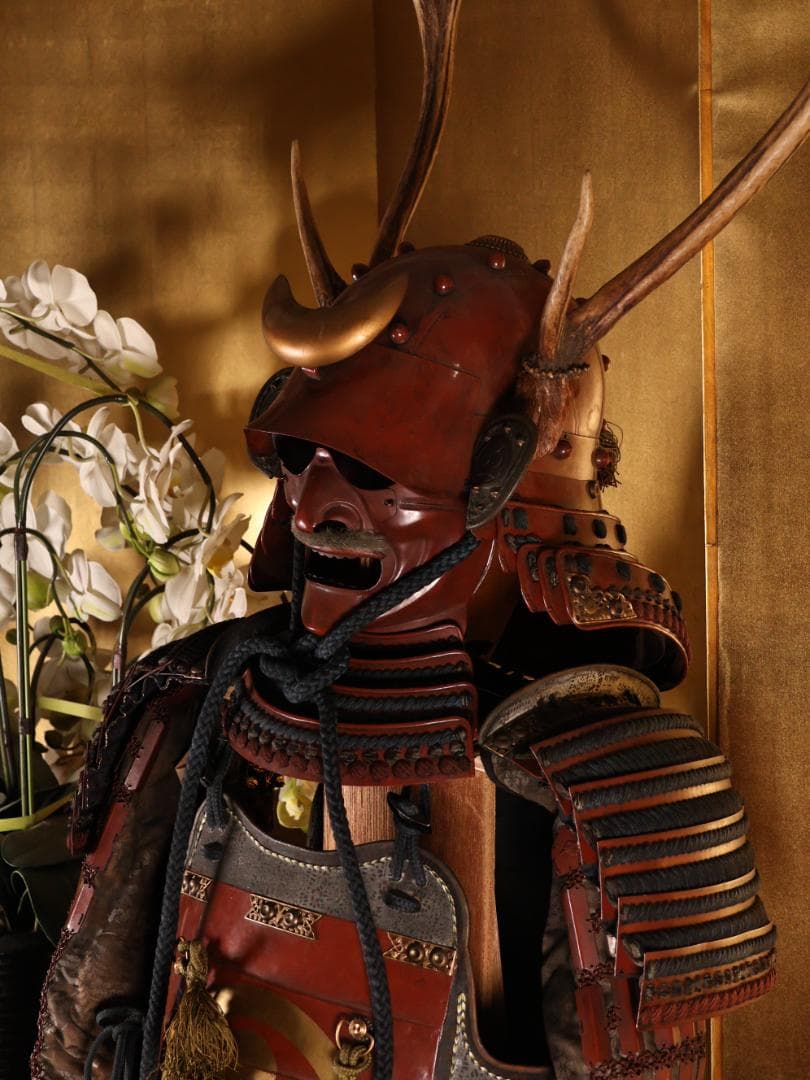 BY03　甲冑　丸に渡辺星紋　鹿角脇立　三日月前立　鎧櫃付　等身大　兜　武具