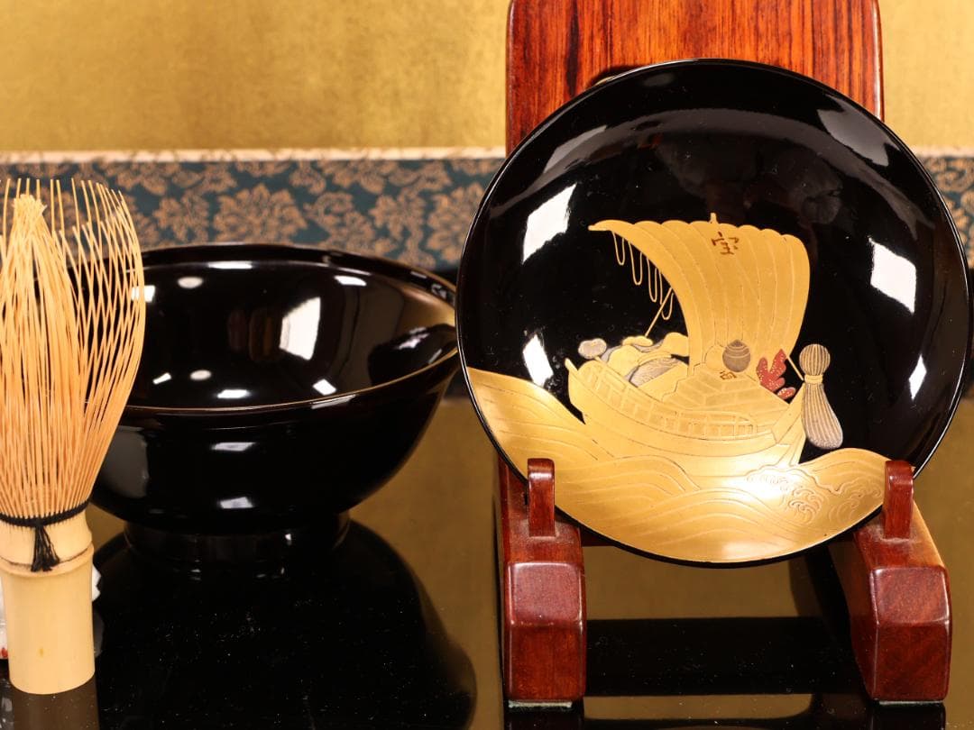 BK407a　時代輪島塗　宝船図金蒔絵　波千鳥　吸物椀　一客　木製　茶道具 菓子